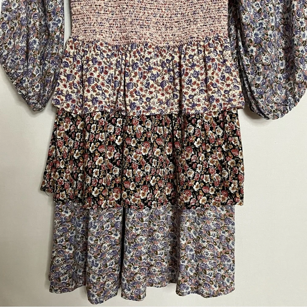 Storia Boho Smocked Chest Mixed Floral Print Tiered Peasant Mini Dress_11